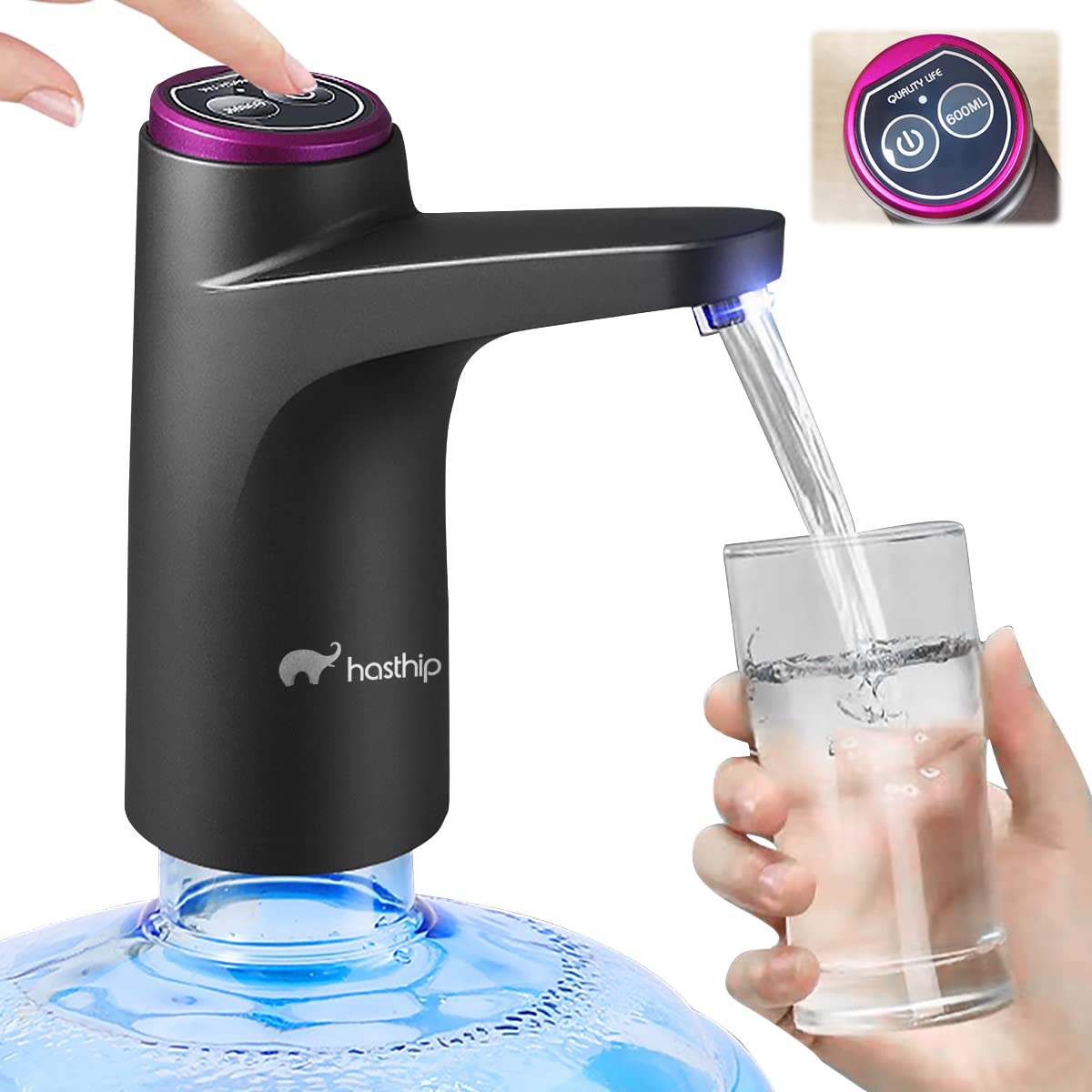 HASTHIP Automatic Water Dispenser Pump, Portable Can Water Dispenser Pump with USB Rechargeable Battery Suitable for Water Can with A 2.16-Inch (5.5cm) Neck, for Home, Office, Outdoor Etc (Black) HASTHIP Automatic Water Dispenser Pump, Portable Can Water Dispenser Pump with USB Rechargeable Battery Suitable for Water Can with A 2.16-Inch (5.5cm) Neck, for Home, Office, Outdoor Etc (Black)